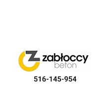 Logo firmy Z Zabłoccy Beton z żółtym okręgiem, numerem telefonu i napisem 'beton' w szarym kolorze.