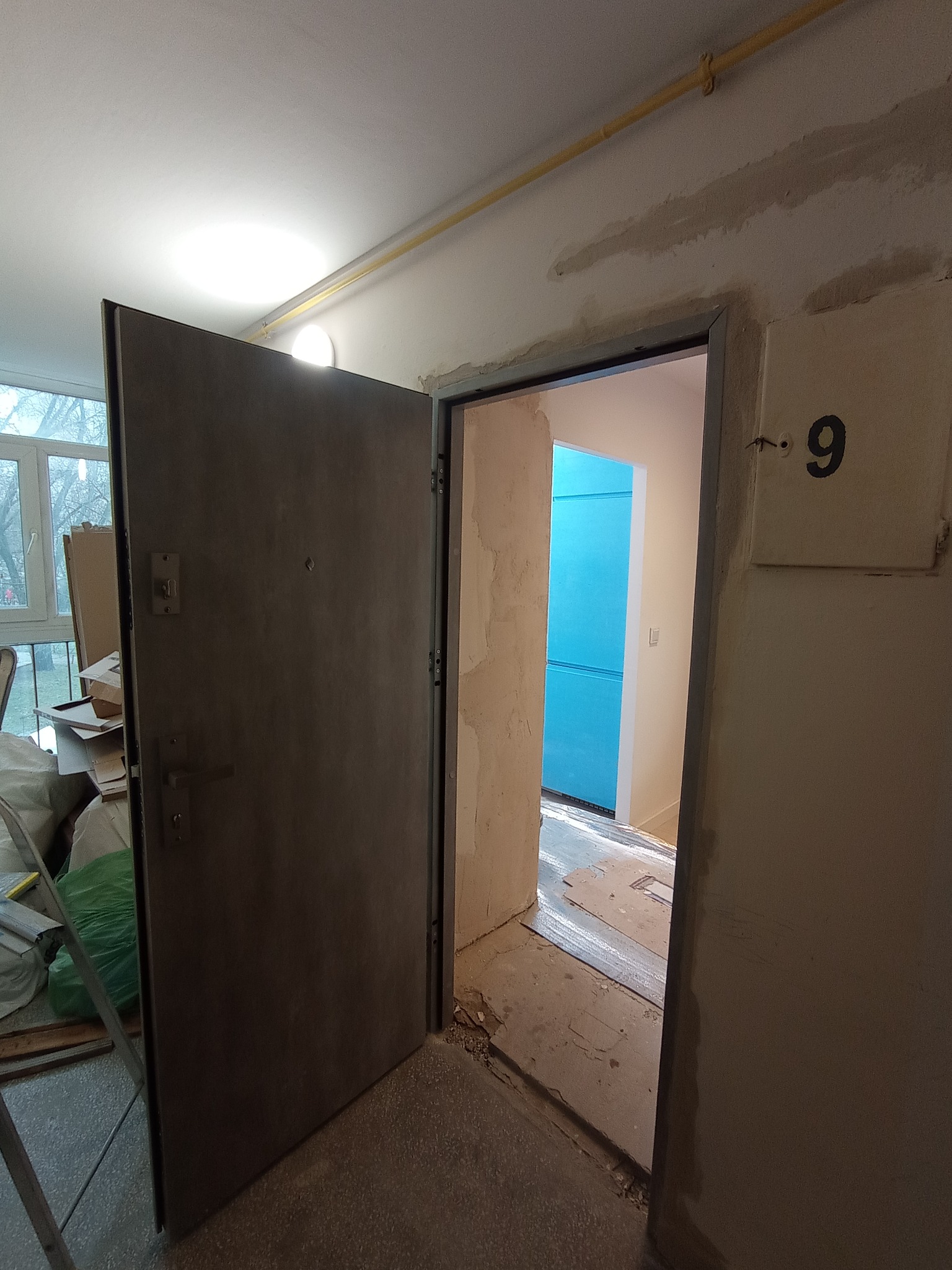 Otwarta, szara, antywłamaniowa drzwi wejściowe do mieszkania w bloku, widoczny numer '9' na ścianie, w tle niebieskie drzwi wewnętrzne i okno z widokiem na drzewa.