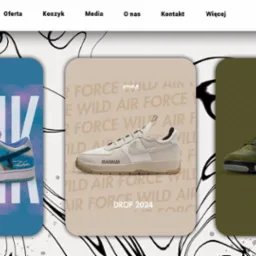 Projekt strony internetowej sklepu obuwniczego z trzema modelami butów sportowych na kartach produktowych i minimalistycznym deseniem w tle.