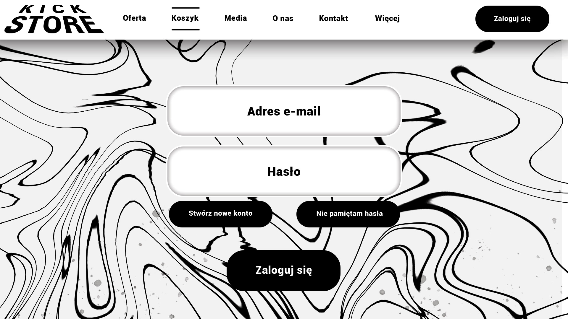 Ekran logowania do strony internetowej z polami 'Adres e-mail' i 'Hasło' na tle abstrakcyjnego, czarno-białego wzoru.