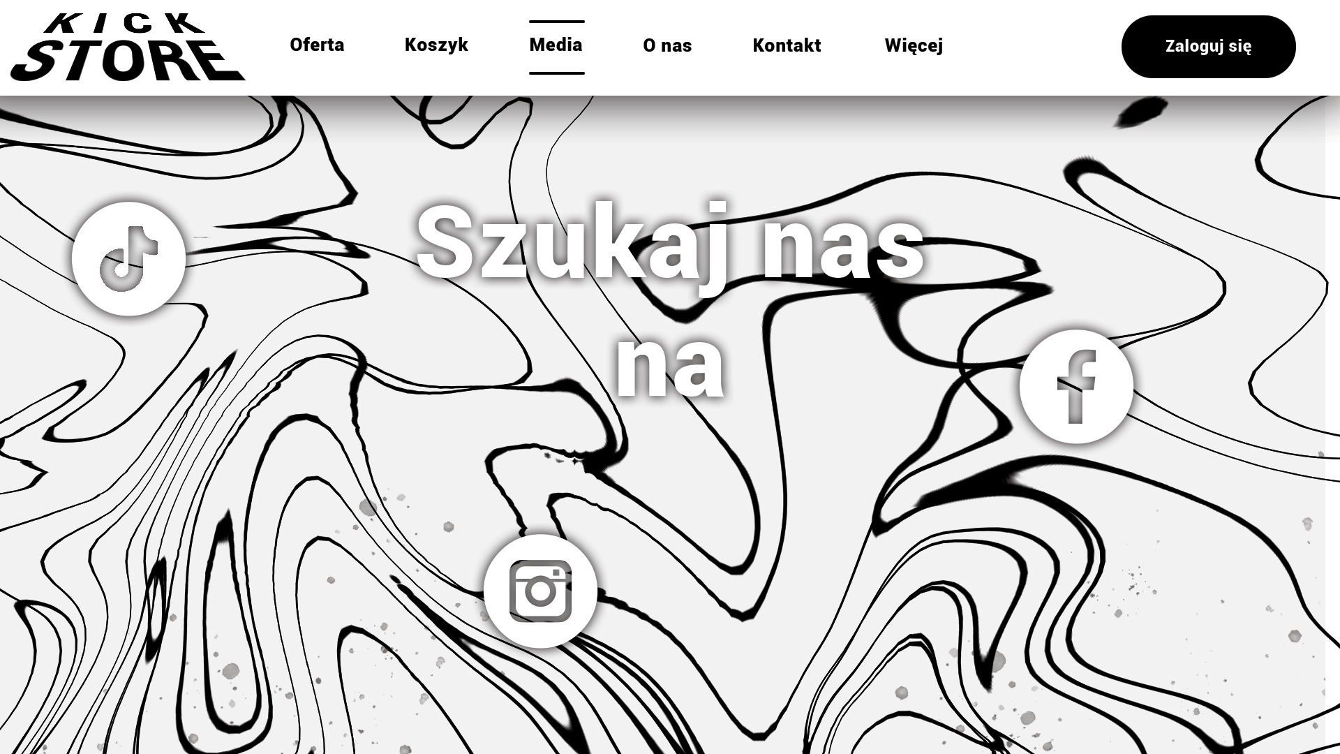 Strona internetowa z abstrakcyjnym tłem i ikonami mediów społecznościowych TikTok, Instagram i Facebook, z napisem 'Szukaj nas na'.