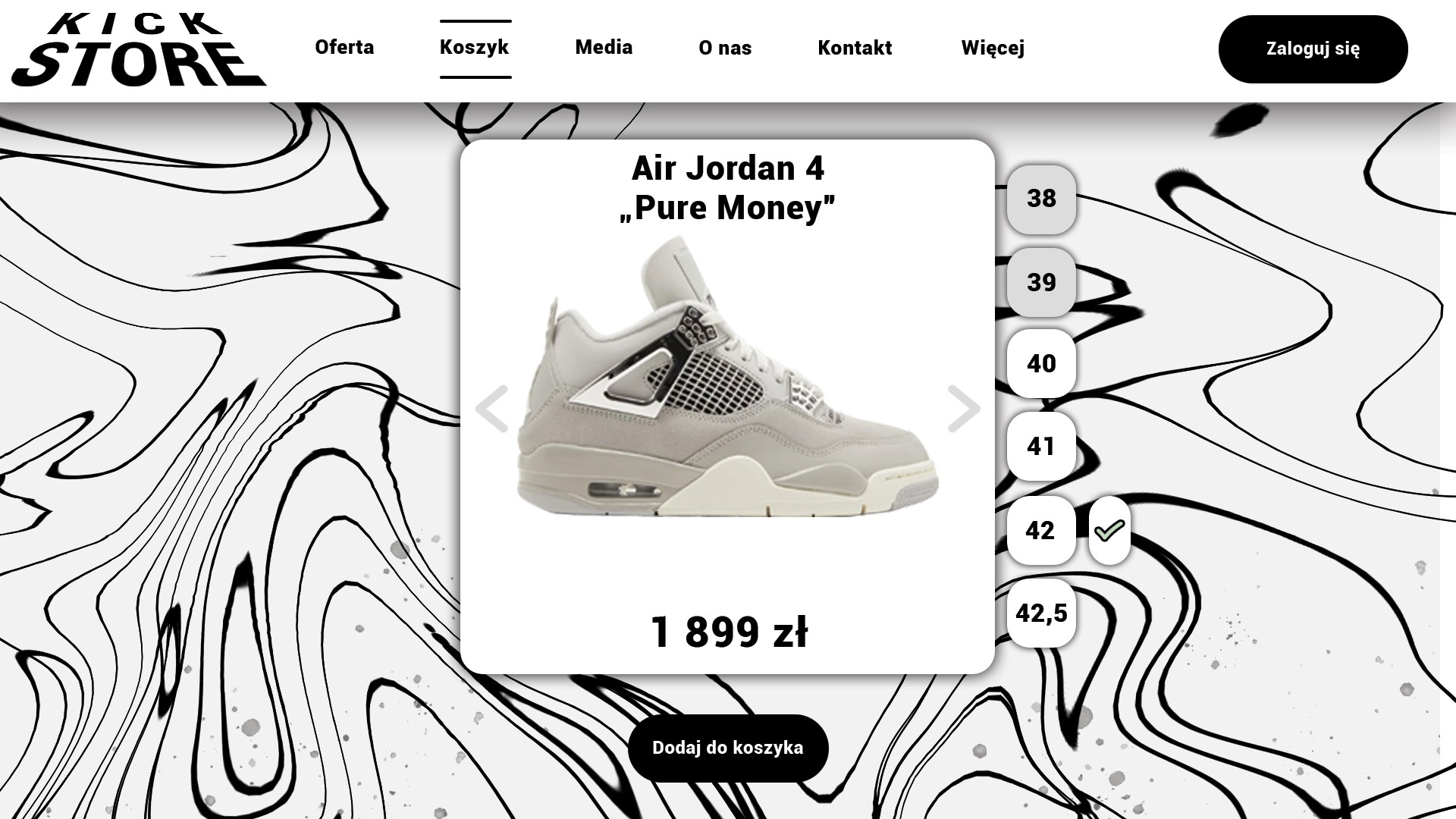 Zdjęcie przedstawia stronę internetową sklepu z butami, na której prezentowany jest model Air Jordan 4 Pure Money. Wybrany rozmiar to 42. Cena butów wynosi 1899 zł. Tło strony jest abstrakcyjne...