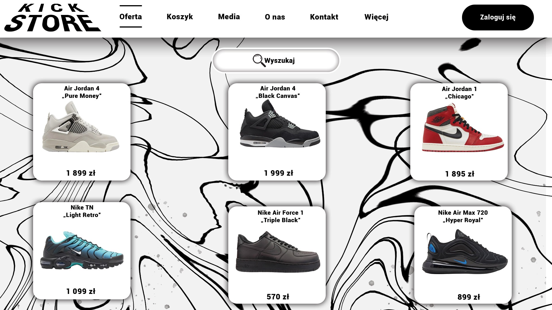 Strona internetowa sklepu obuwniczego z prezentacją modeli Air Jordan i Nike z cenami w złotych, na tle abstrakcyjnej grafiki.