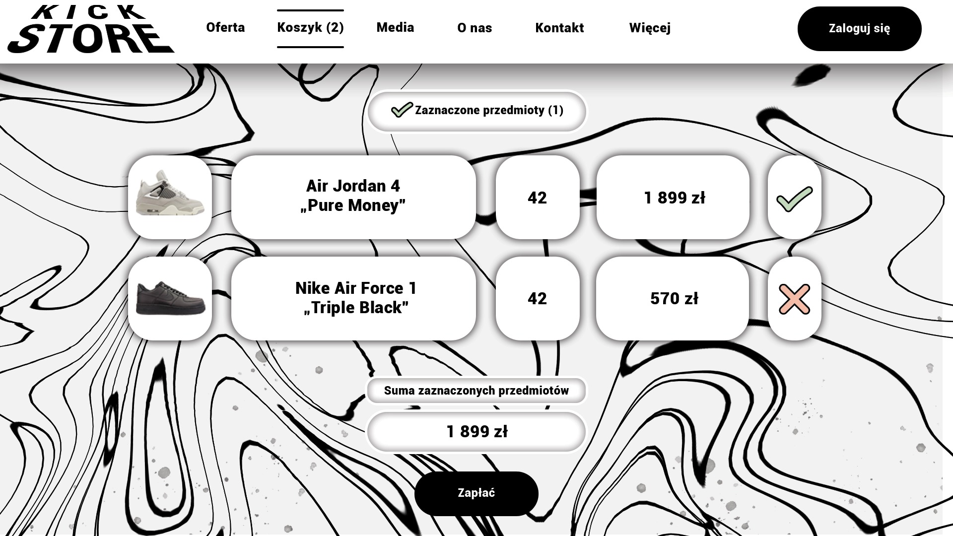 Ekran sklepu internetowego z butami: Air Jordan 4 'Pure Money' w cenie 1899 zł dodane do koszyka, Nike Air Force 1 'Triple Black' w cenie 570 zł usunięte z koszyka. Suma zaznaczonych przedmiotów...