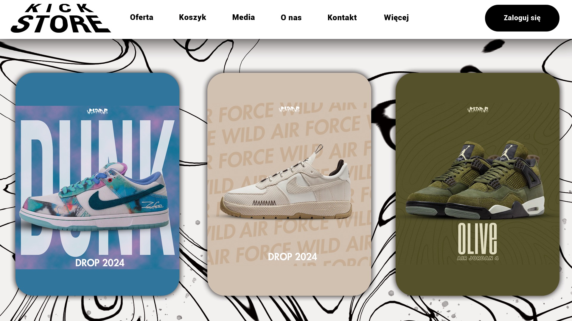 Projekt strony internetowej sklepu obuwniczego z trzema modelami butów sportowych na kartach produktowych i minimalistycznym deseniem w tle.