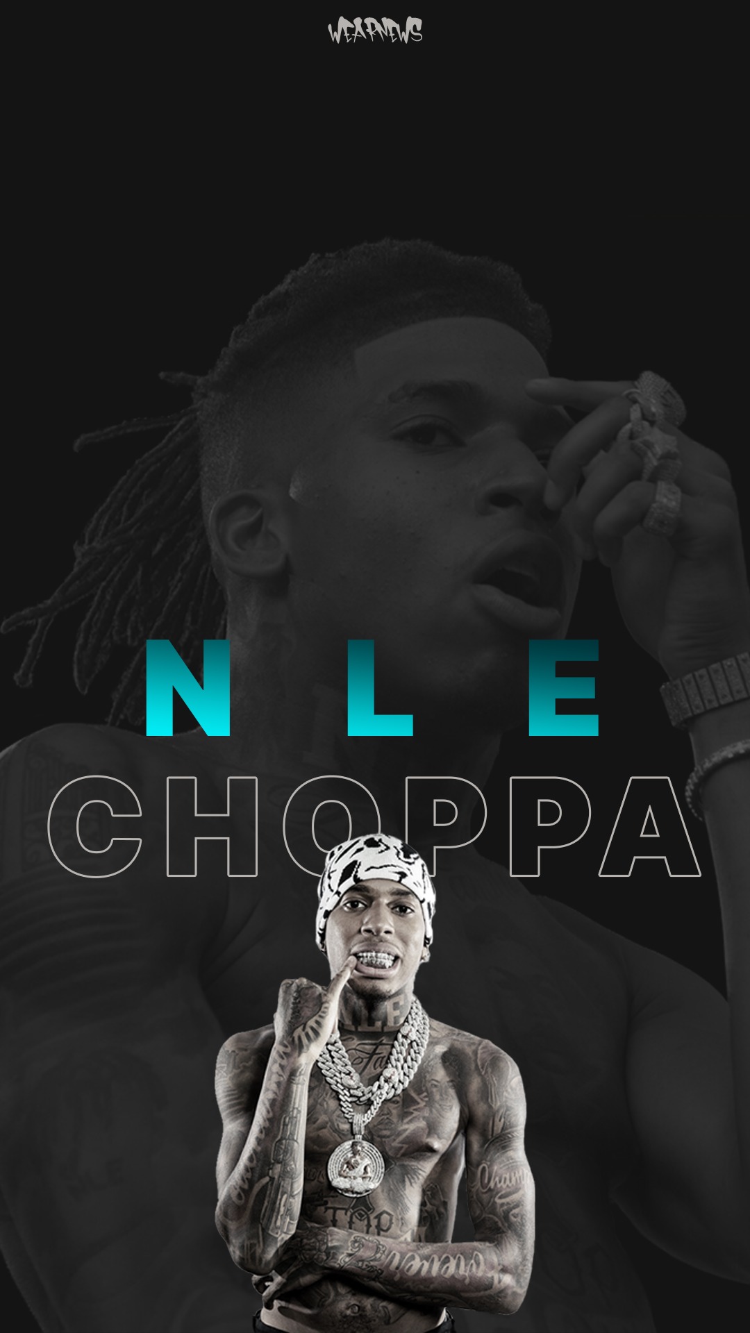 Stylized portrait of NLE Choppa with overlaid text and a smaller image of the rapper with prominent grill and tattoos.