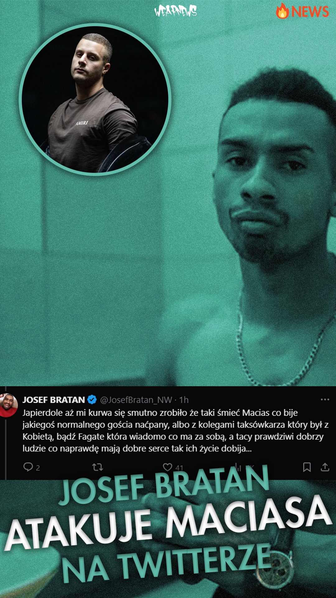 Zrzut ekranu tweeta Josefa Bratana z nagłówkiem 'Josef Bratan atakuje Maciasa na Twitterze', obok portretu Bratana w okręgu i zbliżenia na twarz Maciasa.