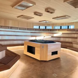 Jasne drewno w saunie: ławy na różnych poziomach, centralnie piec z kamieniami, okna z widokiem na zewnątrz, podświetlenie LED. Nowoczesny design i relaksująca atmosfera.