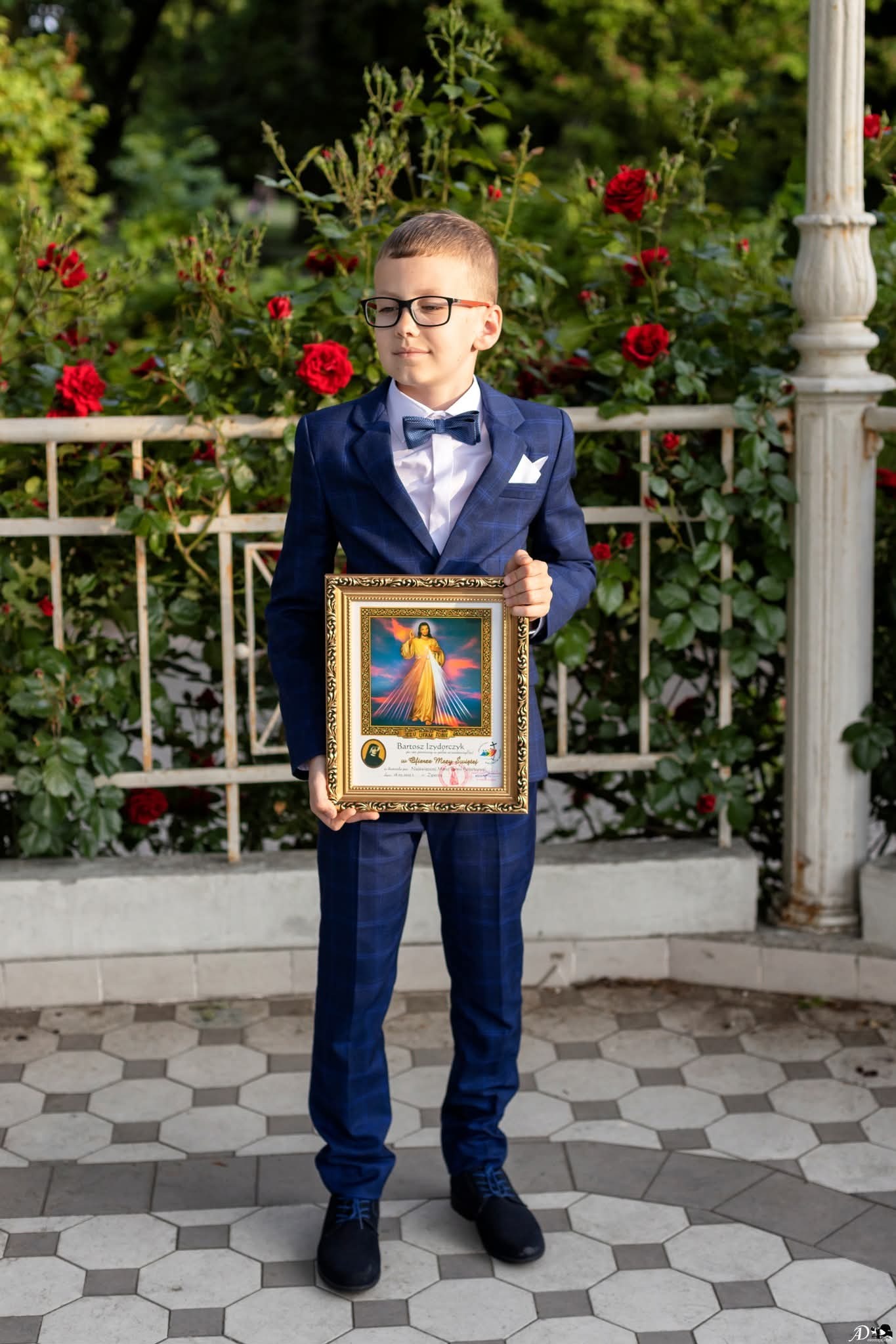 Chłopiec w garniturze, okularach i muszce trzyma w rękach obrazek w złotej ramie na tle żywopłotu z czerwonymi różami. Uroczysty strój i plener.