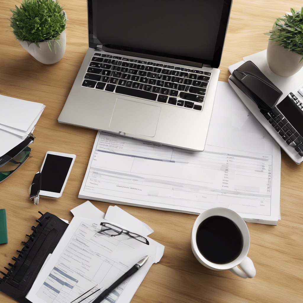 Biurko z laptopem, stosem dokumentów, telefonem, tabletem, notatnikiem, okularami, długopisem, filiżanką kawy i dwiema roślinami doniczkowymi, ukazujące typowe narzędzia pracy biurowej.