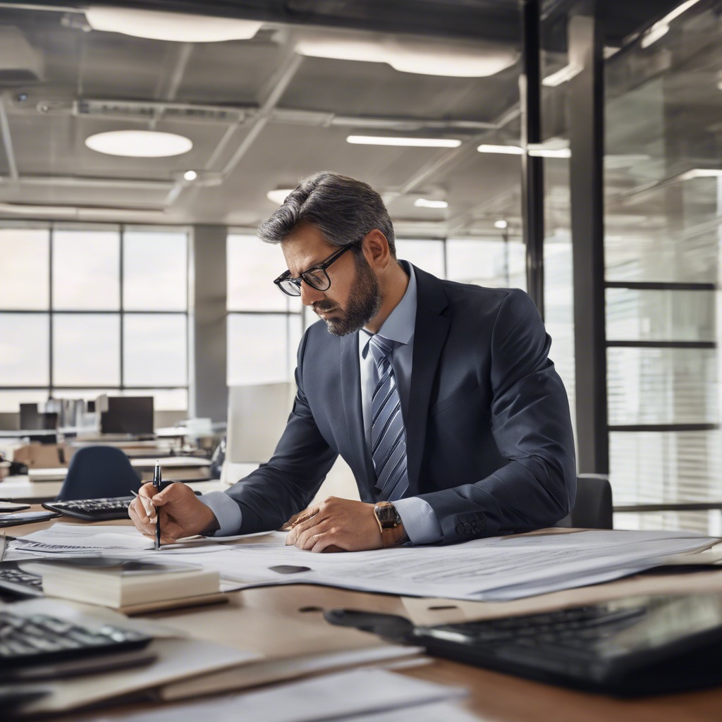 Mężczyzna w garniturze i okularach, siedzący przy biurku w nowoczesnym biurze, analizuje dokumenty i podpisuje je piórem, z widocznymi kalkulatorami i laptopem w tle.