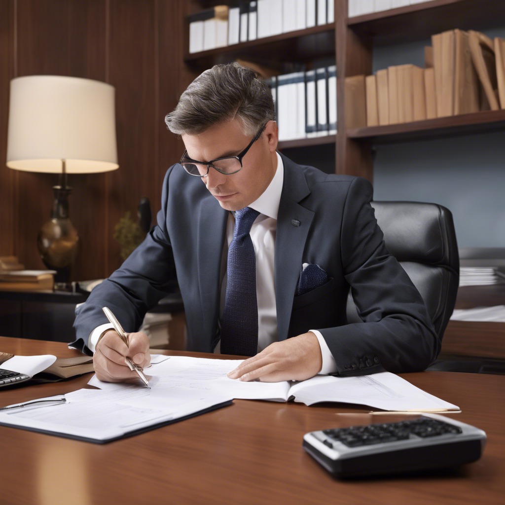 Mężczyzna w garniturze i okularach siedzi przy biurku w gabinecie, podpisując dokument srebrnym piórem; widoczne kalkulatory i regał z książkami w tle.