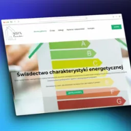 Ekran laptopa wyświetlający stronę internetową firmy Stanhouse.pl z certyfikatem energetycznym budynku, prezentującą skalę efektywności energetycznej od A do G.