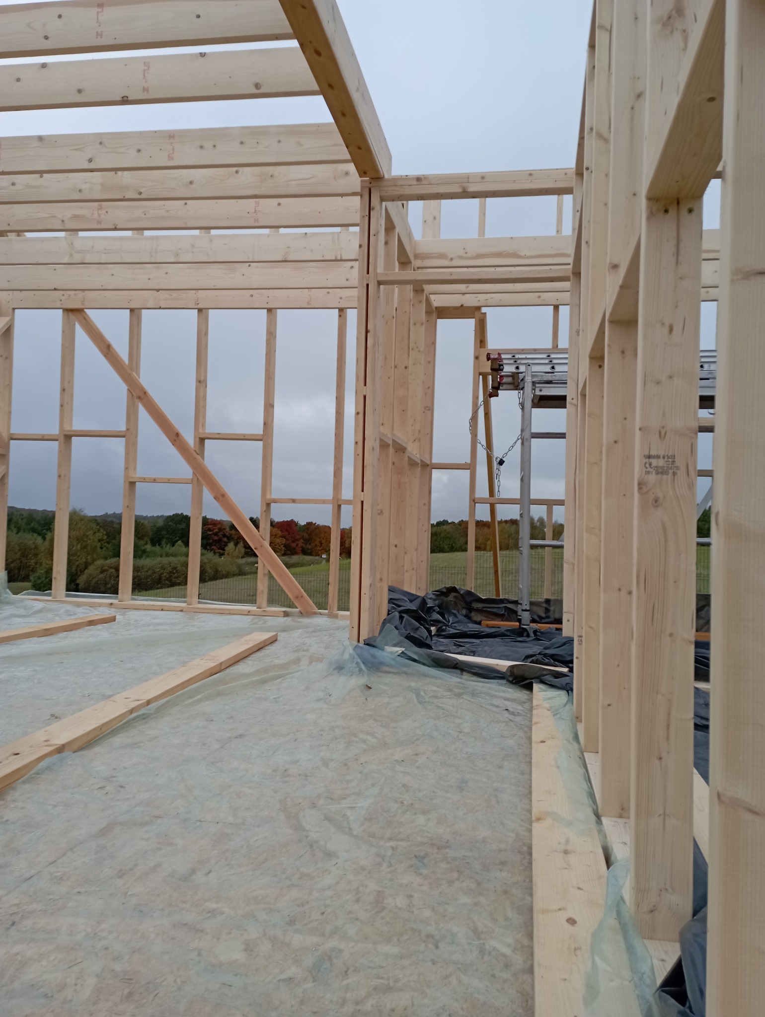 Wnętrze domu w trakcie budowy z drewnianą konstrukcją szkieletową, widoczne elementy konstrukcyjne i drabina. W tle jesienny krajobraz za oknem.