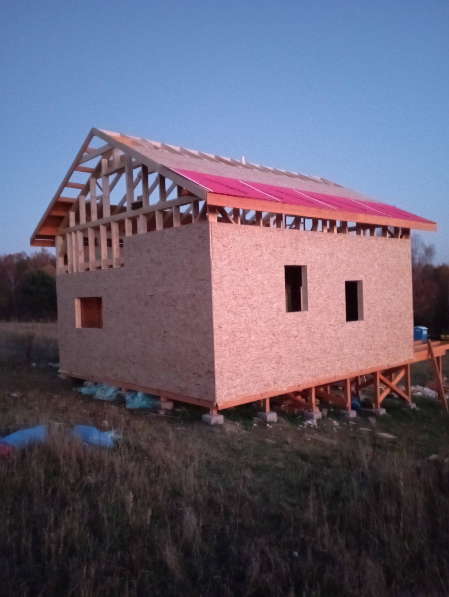 Dom szkieletowy w trakcie budowy: widoczne ściany z płyt OSB, konstrukcja dachu z różową membraną, fundamenty z bloczków betonowych. Ujęcie z zewnątrz, w tle łąka i drzewa.