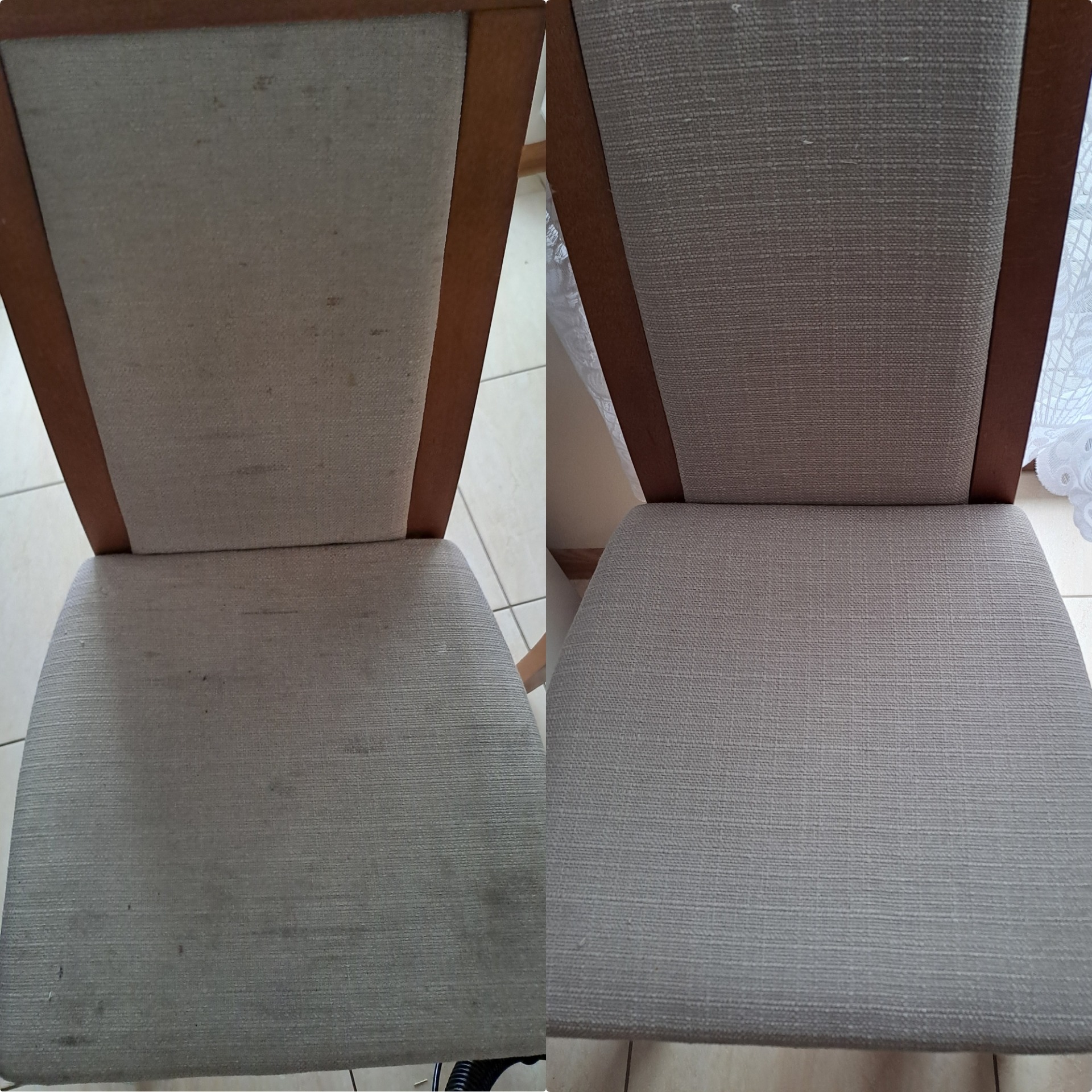 Krzesło tapicerowane przed i po czyszczeniu, widoczne plamy i zabrudzenia po lewej stronie oraz czysta tapicerka po prawej, usługa wykonana w Olszynie.