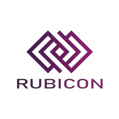 Logo firmy Rubicon z geometrycznym symbolem w odcieniach fioletu, przedstawiającym wzajemnie splecione kwadraty.