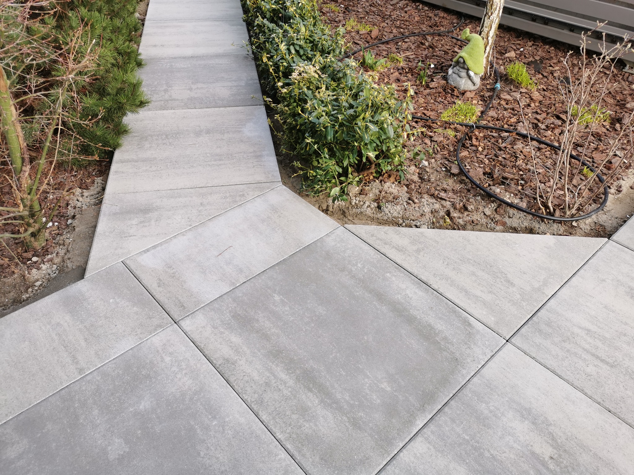 Ścieżka z szarych płyt betonowych prowadząca przez ogród z nasadzeniami, widoczny fragment systemu nawadniania i dekoracyjna figurka gnoma.