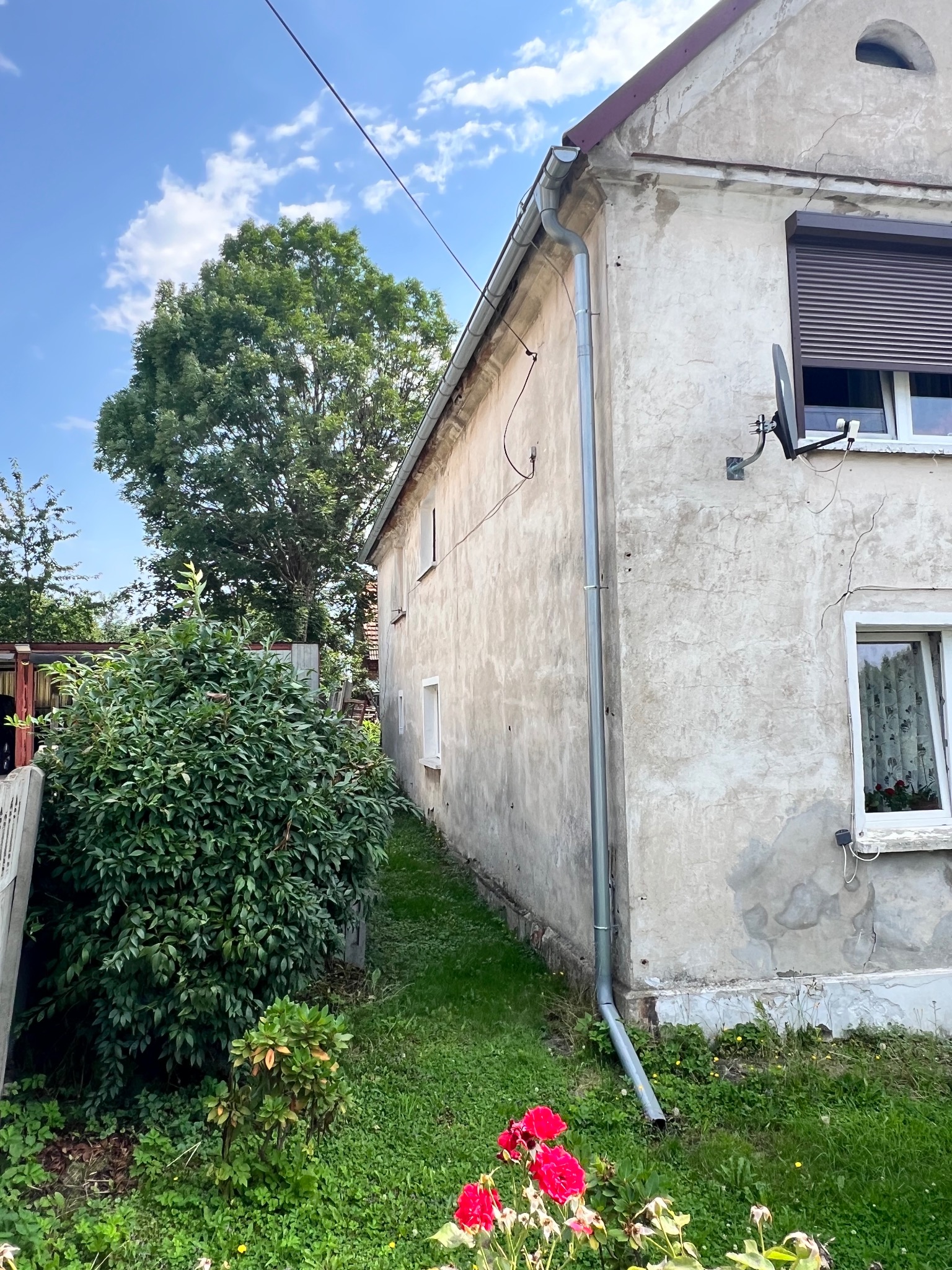 Boczny widok zaniedbanej elewacji budynku z widocznymi pęknięciami i ubytkami, zarośnięty ogród z przodu, antena satelitarna na ścianie.