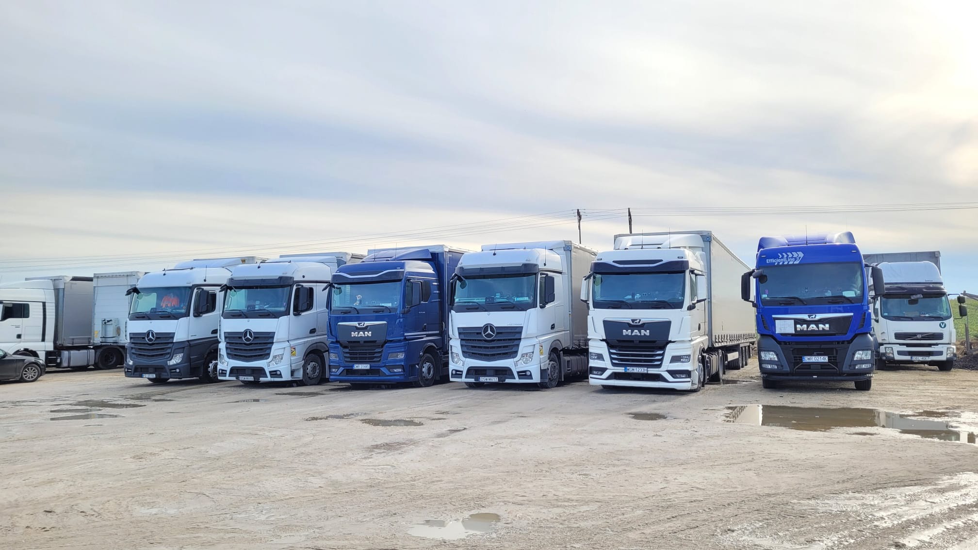 Flota ciężarówek MAN i Mercedes-Benz zaparkowana na placu, widoczne różne modele i kolory, w tle pochmurne niebo.