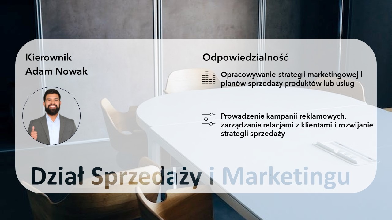 Przykład slajdu opisującego działy w firmie