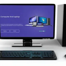 Komputer stacjonarny z monitorem wyświetlającym grafikę strony internetowej prezentującej komputery i laptopy, obok czarna klawiatura i myszka na białym tle.