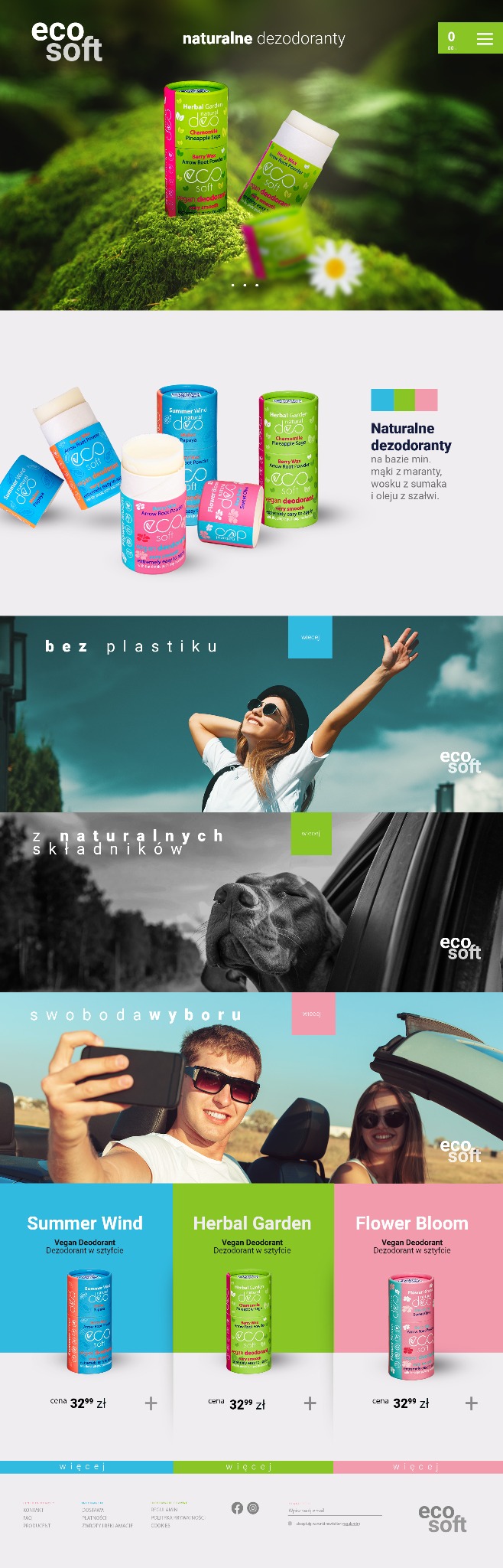 Kompozycja graficzna z produktami Eco Soft: dezodoranty w sztyfcie w ekologicznych opakowaniach, hasła reklamowe, zdjęcia osób i zwierząt, promująca naturalne składniki i swobodę wyboru.