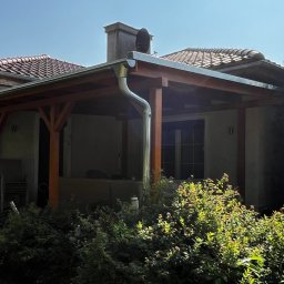 TREED - Zadaszony taras drewniany z rynną i widocznym kominem, otoczony zielenią, w słoneczny dzień.