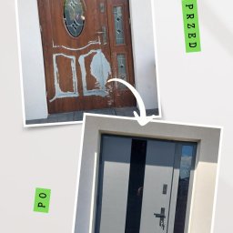 Budvar Centrum Zgierz - Drzwi zewnętrzne: metamorfoza 'przed i po'. Drewniane drzwi z owalnym przeszkleniem zniszczone vs. nowoczesne, szare drzwi z czarnymi pasami i bocznym oknem.