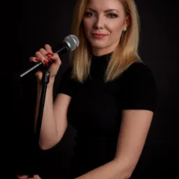 Portret uśmiechniętej blondynki z mikrofonem Shure na czarnym tle, z widocznymi czerwonymi paznokciami i srebrną bransoletką.
