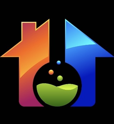 Kolorowe logo przedstawiające dom z probówką chemiczną w środku, po lewej stronie domu kolor pomarańczowy, a po prawej niebieski.