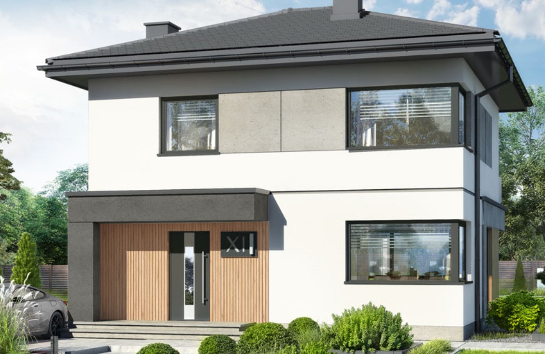 Dwupiętrowy dom jednorodzinny z płaskim dachem, białymi ścianami, drewnianą fasadą wejściową i numerem 'XII' obok drzwi, z samochodem zaparkowanym z boku.