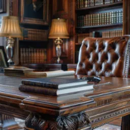 Klasyczne biuro z dębowym biurkiem, skórzanym fotelem i biblioteczką wypełnioną książkami, oświetlone lampami ze złotymi abażurami.