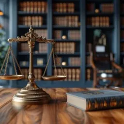 Antyczna waga sprawiedliwości i stara księga na drewnianym biurku w tle biblioteczki, reprezentujące usługi prawne.