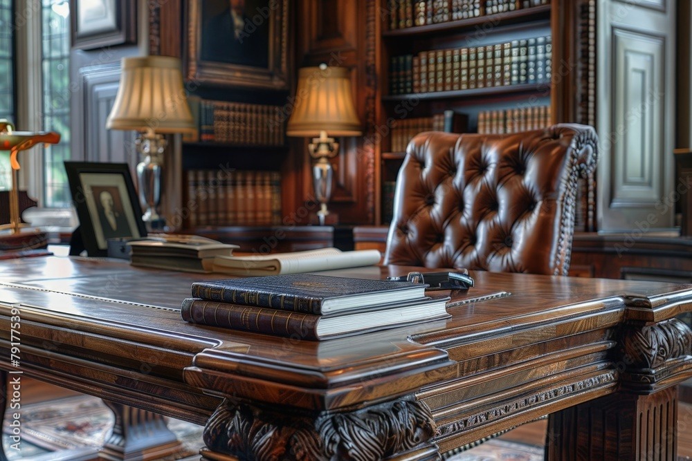 Klasyczne biuro z dębowym biurkiem, skórzanym fotelem i biblioteczką wypełnioną książkami, oświetlone lampami ze złotymi abażurami.