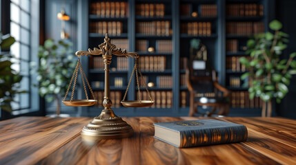 Antyczna waga sprawiedliwości i stara księga na drewnianym biurku w tle biblioteczki, reprezentujące usługi prawne.