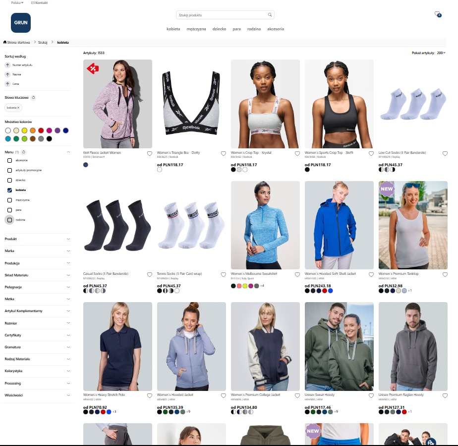 E-sklep z odzieżą damską prezentuje kolekcję: bluzy, topy, biustonosze sportowe, skarpety. Różnorodność modeli i kolorów. Oferta obejmuje odzież sportową i casual.