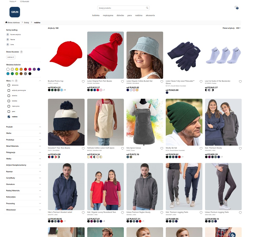 Strona sklepu internetowego z odzieżą: czapki, rękawice, skarpety, bluzy, spodnie dresowe, t-shirty. Różne modele i kolory prezentowane na zdjęciach.