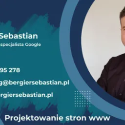 Wizytówka cyfrowa z portretem certyfikowanego specjalisty Google, zawierająca dane kontaktowe i adres strony internetowej, z akcentem na projektowanie stron www.