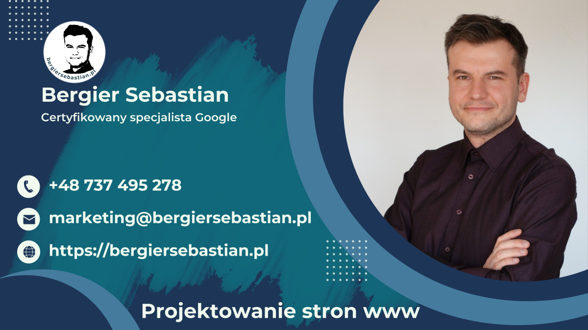 Wizytówka cyfrowa z portretem certyfikowanego specjalisty Google, zawierająca dane kontaktowe i adres strony internetowej, z akcentem na projektowanie stron www.