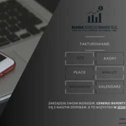 Ilustracja usług księgowych: faktoring, kadry, płace, archiwum, analizy i kalendarz. Telefon na laptopie. Mania Księgowania S.C.