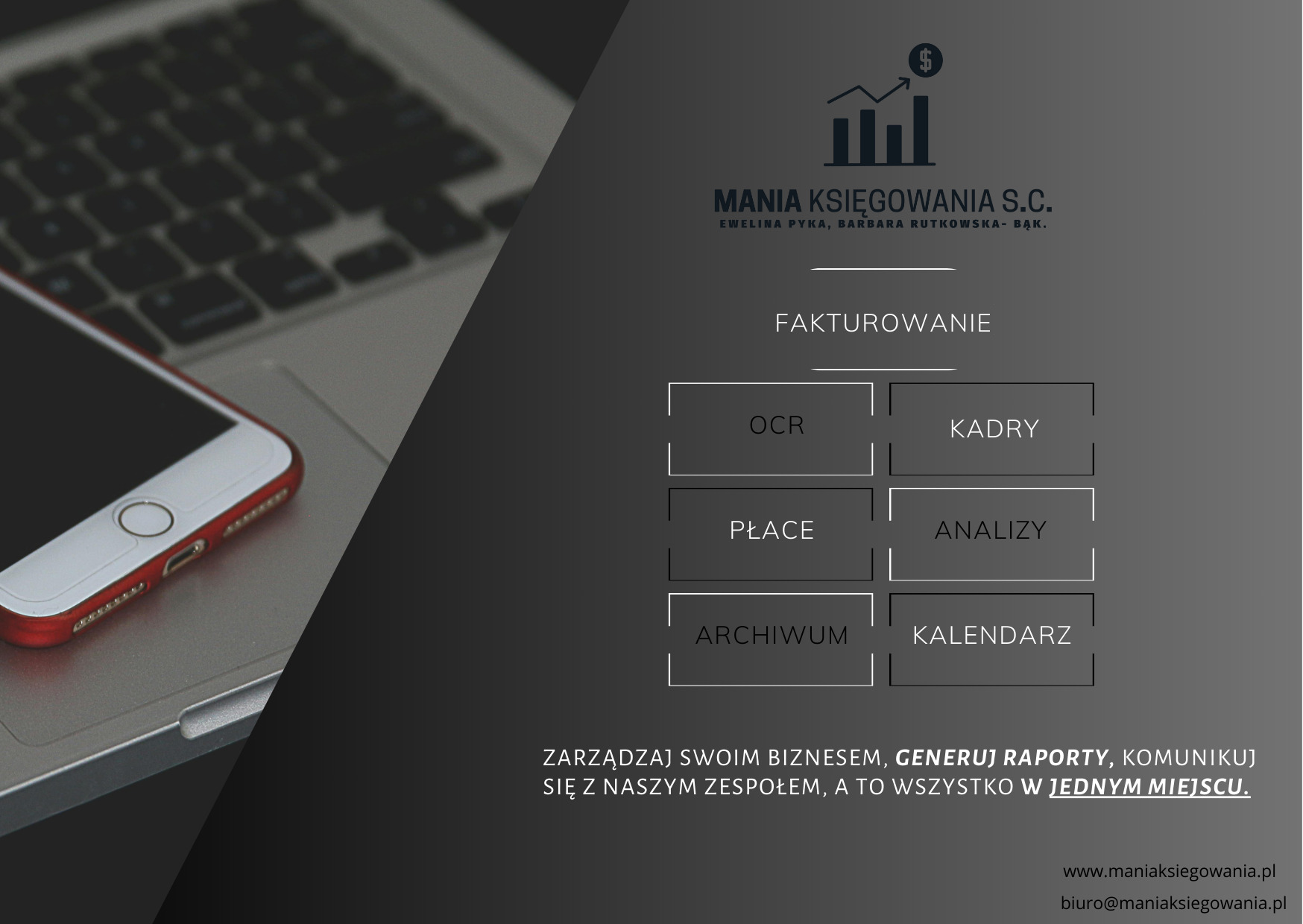 Ilustracja usług księgowych: faktoring, kadry, płace, archiwum, analizy i kalendarz. Telefon na laptopie. Mania Księgowania S.C.