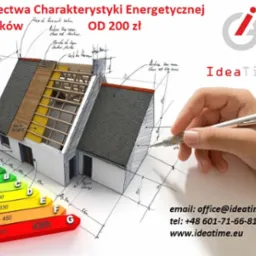 Szkic domu z nałożoną skalą efektywności energetycznej, ręka z ołówkiem wskazuje na projekt, logo IdeaTime w prawym górnym rogu.