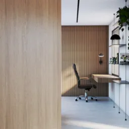 Nowoczesne biuro domowe z drewnianą ścianą, minimalistycznym biurkiem, ergonomicznym krzesłem obrotowym i półkami z roślinami doniczkowymi, oświetlone punktowo.