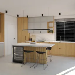 Wizualizacja nowoczesnej kuchni z wyspą z barkiem, marmurowym blatem i wbudowaną chłodziarką do wina, oświetleniem punktowym i drewnianymi frontami szafek.