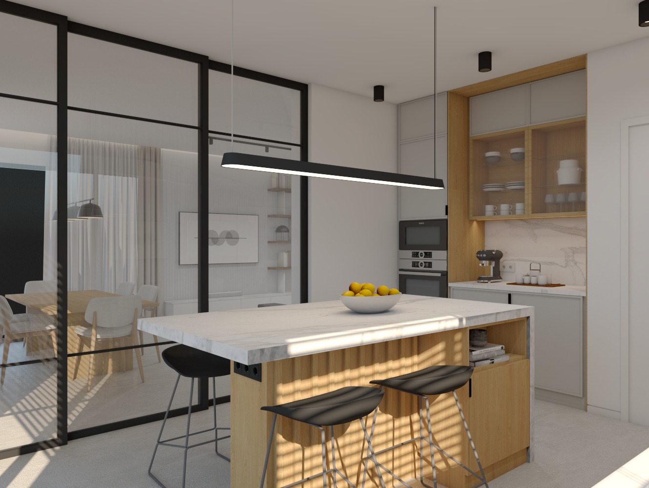 Nowoczesna kuchnia z wyspą i marmurowym blatem, oświetlona podłużną lampą LED, z widokiem na jadalnię przez przeszkloną ścianę.