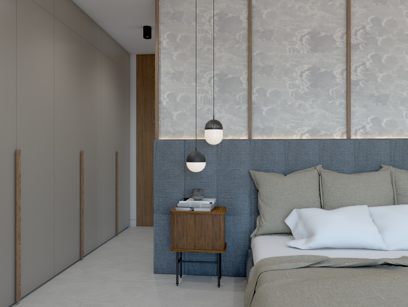 Minimalistyczna sypialnia z szarymi szafami w zabudowie, tapicerowanym wezgłowiem w kolorze dżinsu, drewnianą szafką nocną na metalowych nóżkach i lampami wiszącymi z czarnymi akcentami.