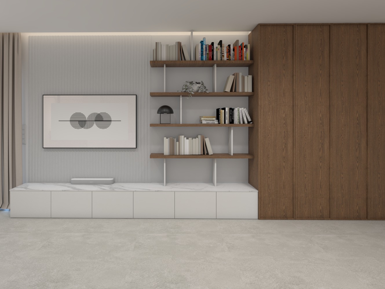Minimalistyczny salon z białą szafką RTV z marmurowym blatem, drewnianą zabudową szafy, półkami na książki i abstrakcyjnym obrazem na ścianie z pionowymi panelami.