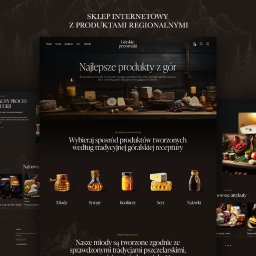 Media River - Zrzut ekranu strony internetowej sklepu z regionalnymi produktami, prezentujący góralskie przysmaki, z ciemnym tłem i subtelnymi detalami graficznymi gór, z widocznymi kategoriami produktów: miody,...
