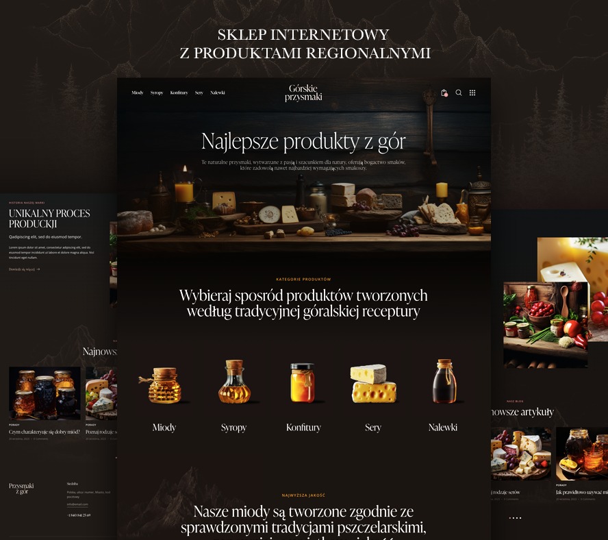 Zrzut ekranu strony internetowej sklepu z regionalnymi produktami, prezentujący góralskie przysmaki, z ciemnym tłem i subtelnymi detalami graficznymi gór, z widocznymi kategoriami produktów: miody,...